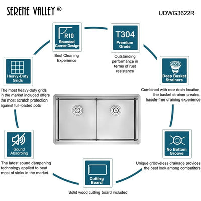 Workstation Kitchen Sink, 36-inch Double-Bowl Undermount, Cutting Board, Unique Thin Divider and Heavy-Duty Grids UDWG3622R