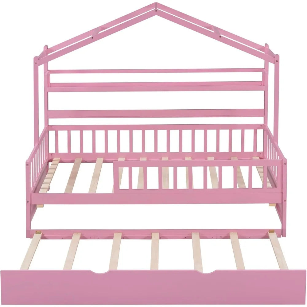 Twin Size House Bed Frame with Trundle,Bed Frame for Kids,House Bed Frame with Shelf for,Twin Size Daybed with Trundle with Slat