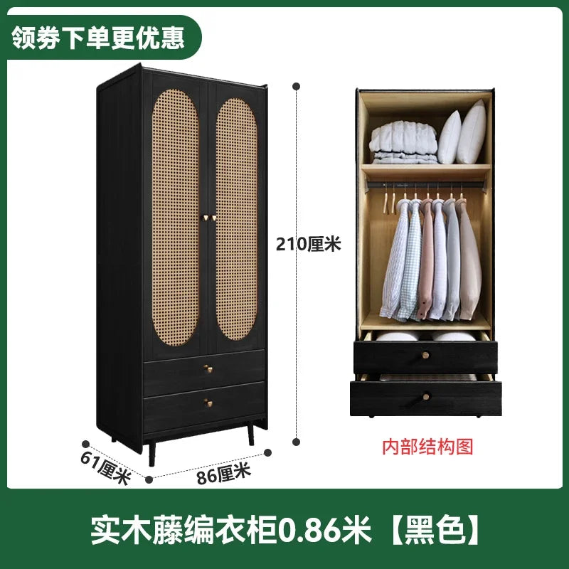 Solid Wood Wardrobe Home Bedroom Small Apartment Closet American Style French Style Retro Wardrobe Rattan Sliding Door Wardrobe