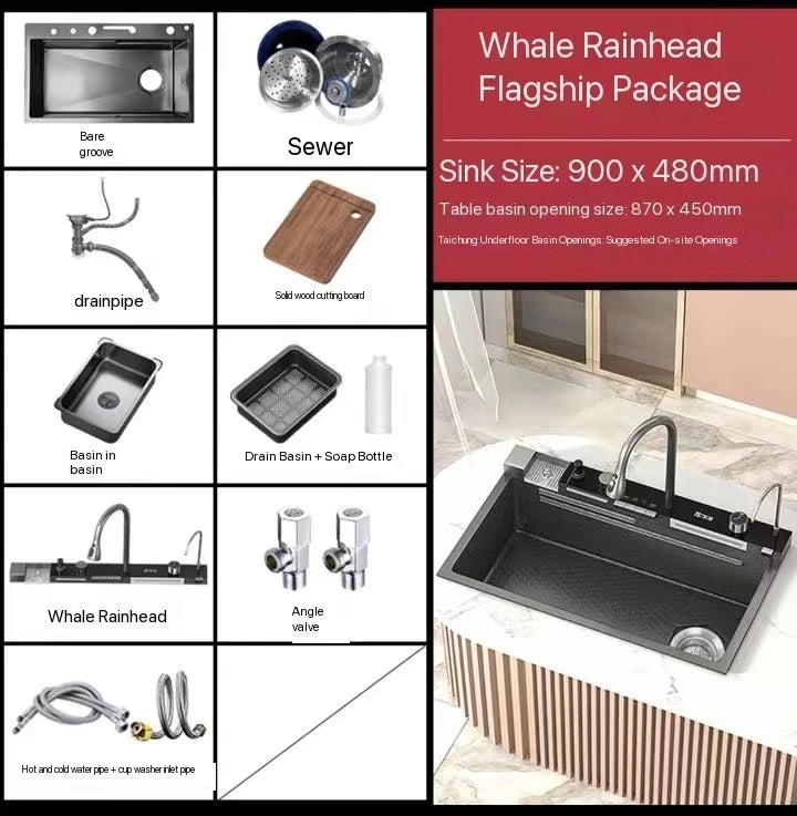 5.0MM Double Waterfall Sink Embossed Stainless Steel Kitchen Sink Large Single Slot Digital Display Wash Basin Dishwashing pond