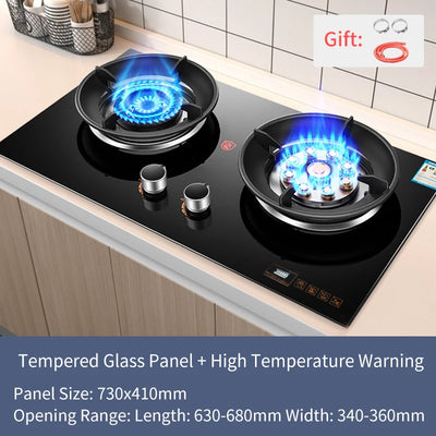 Gas Stove Cooktop Double-Hole Fierce Fire Household Tempered Glass Panel Natural Liquefied 2 Burner Built-in Kitchen Cooker Tool