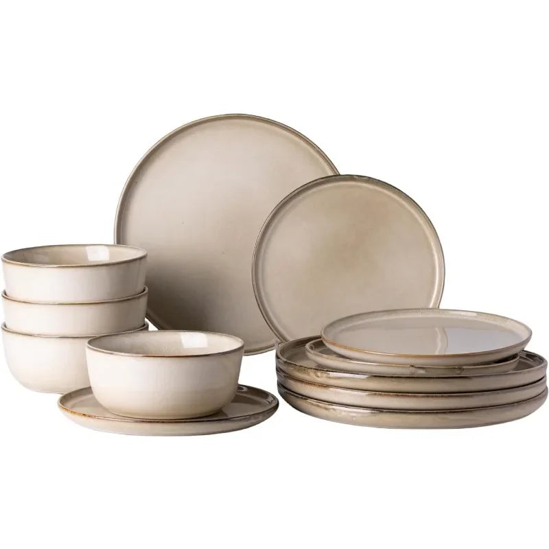 Ceramic Dinnerware Sets for 4, 12 Pieces Stoneware Plates and Bowls Sets, Chip and Scratch Resistant Dishe Set for Dinner,