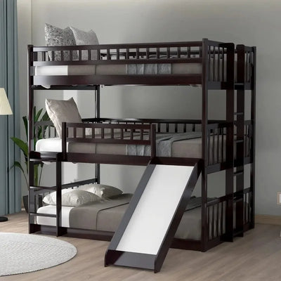 Triple Bunk Beds with Slide, Wooden Full Over Over，Ladder Guardrails, Beds Kid