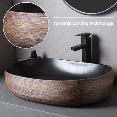 Brown Porcelain Ceramic Vessel Sink Above Counter Vanity Bowl Basin Bathroom Sanitary Balcony Table Sink Countertop Oval Basin