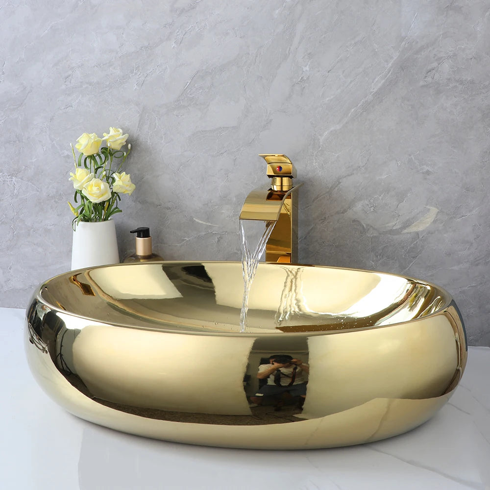 KEMAIDI Luxury 23 Inch Bathroom Vessel Sink Gold Ceramic Sinks Above Counter Oval Bathroom Sink with Gold Waterfall Faucet Mixer