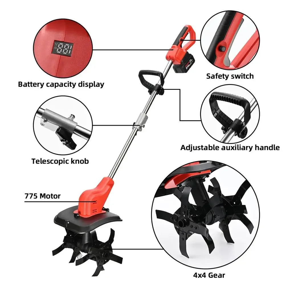 21V Cordless Tiller Cultivator 300RPM 4Ah Battery Capacity Display 11in Width 8in Depth Garden Tool Gift Dad Husband Friends