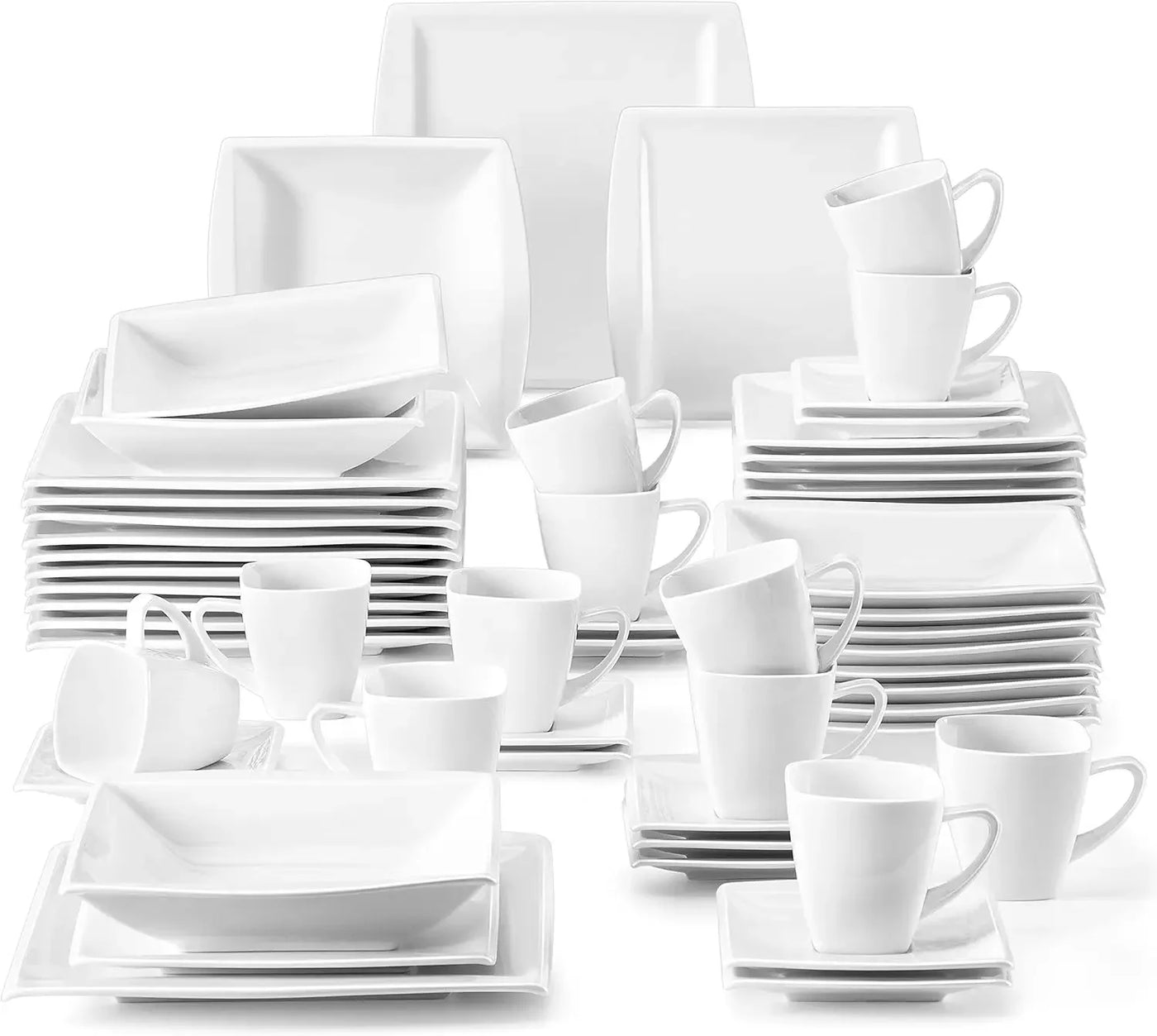 Ivory White Dinnerware Sets 60-Piece Porcelain Plates and Bowls Sets for 12 Square Dish Set with Dinner Plates and Bowls Cups