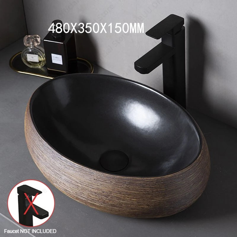 Brown Porcelain Ceramic Vessel Sink Above Counter Vanity Bowl Basin Bathroom Sanitary Balcony Table Sink Countertop Oval Basin