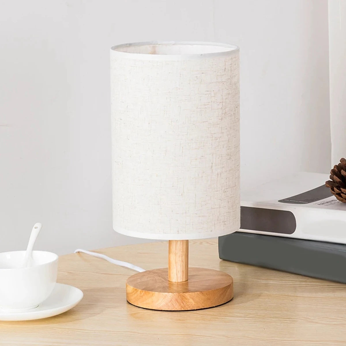 LED Table Lamps Linen Nightstand Lamp with Round Fabric Linen Shade for Bedroom Living Room Decoration USB Powered Table Lamp