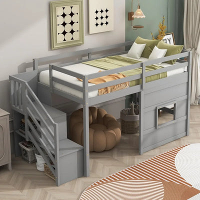 Low Loft Bed with Stairs, Twin Bed Frame for Kids with Storage, Gray