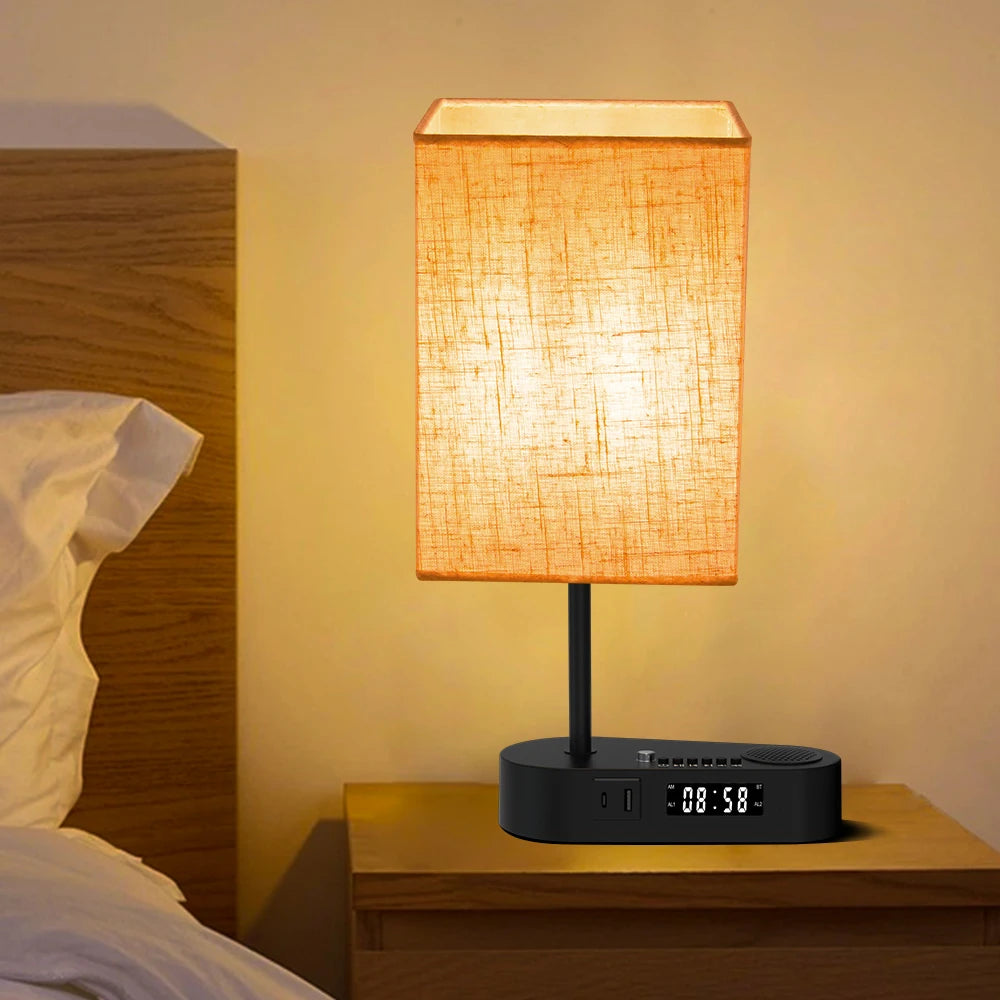 Bedside Table Lamp with Bluetooth and Alarm Clock Function Fabric Music Player Table Lamp Three Color Adjusted for Living Room