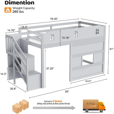 Low Loft Bed with Led Light, Loft Bed Twin Size with Castle Guardrail and Window, Book Rack, Smart APP Control, Twin loft Bed