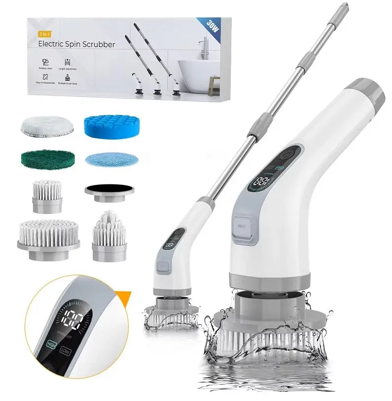 Electric Spin Scrubber Shower Scrubber Cordless Cleaning Brush with 7 Replaceable Brush Heads and Squeegee Adjustable Extension