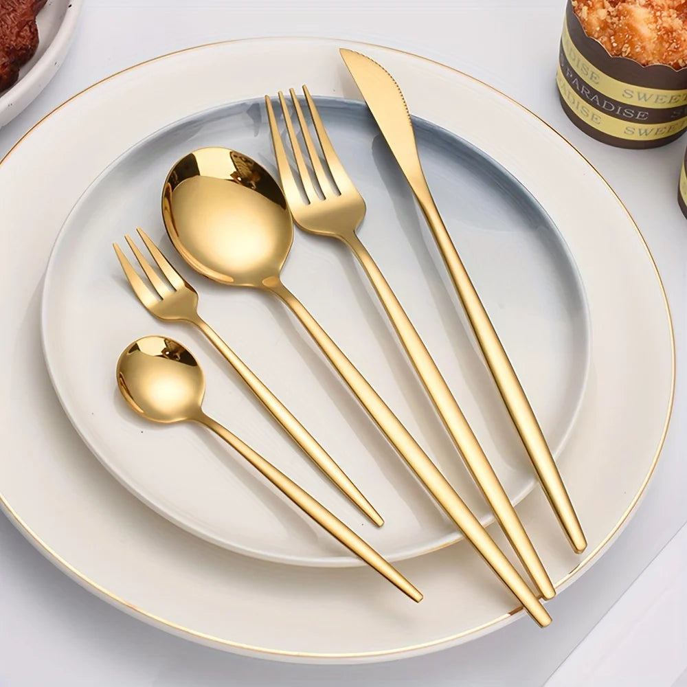 60pcs Stainless Steel - Luxe Golden Cutlery Set, Mirror Polished, Dishwasher Safe, Includes Knives, Forks & Spoons in Gift Box,