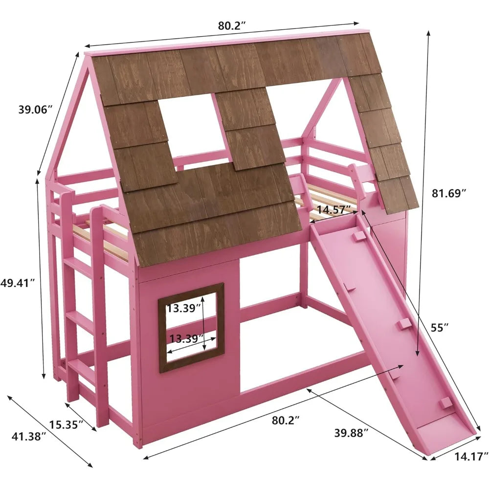 Pink House Bunk Bed with Roof Low Bunk Bed with Slide for Girls, Twin Over Twin, with slide, with built-in ladder