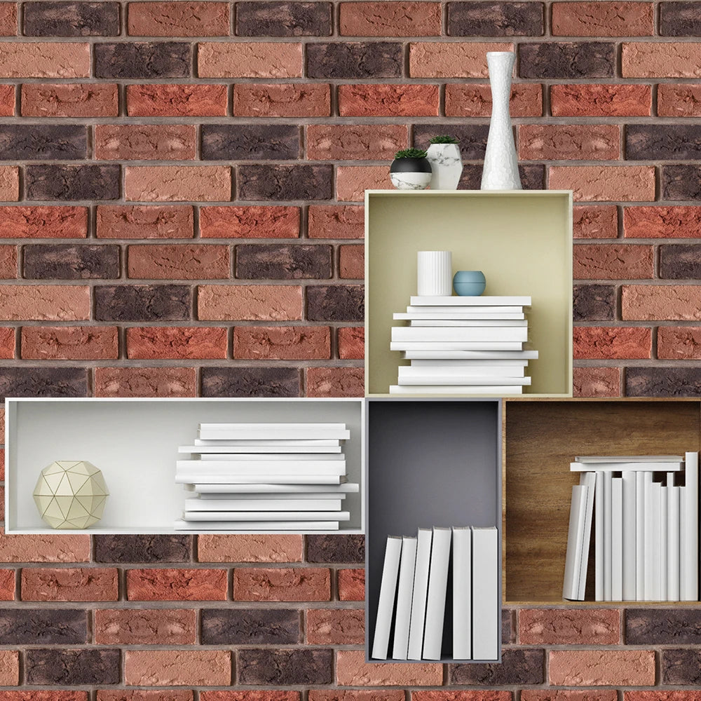 5PCS 10PCS of Deep Red Brick Pattern Self-adhesive Wall Sticker,2024 New Model,Waterproof and Can Be Cut,Ceramic Tile Decoration