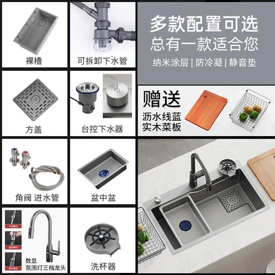 XL Stainless Steel Kitchen Sink Sus304 Nano Gun Gray Washing Basin Household Sink