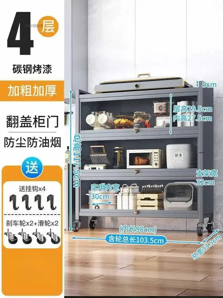 Multifunction Storage Cabinet Nordic Carbon Steel Kitchen Cabinets Home Multi-layer Microwave Oven Floor Rack with Flip Door H