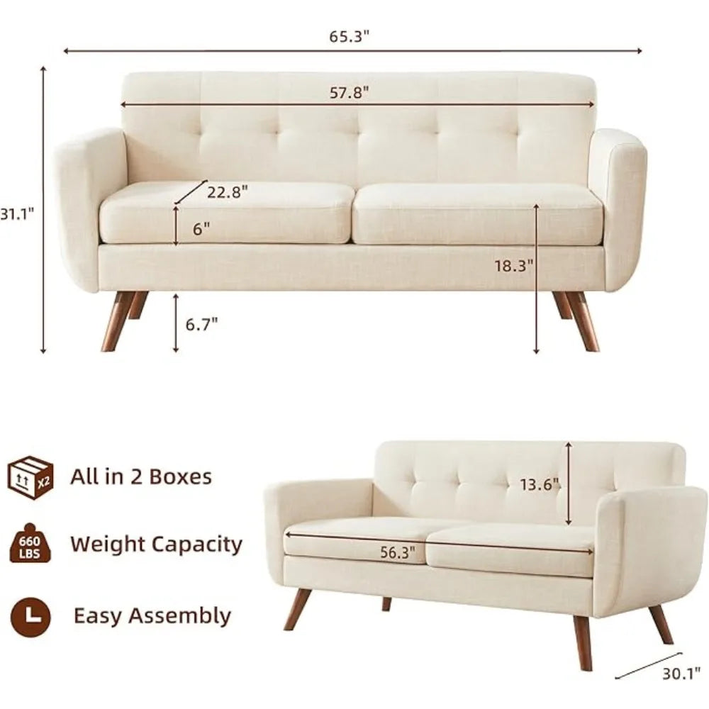 65 Inch Wide Double Sofa with Footstool Coffee Table, Medieval Modern Double Sofa, Button Tufted Soft Cushion Small Sofa