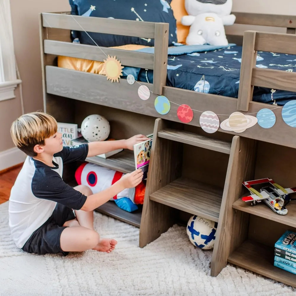 Modern Farmhouse Low Loft Bed, Twin Bed Frame for Kids with 2 Bookcases, Driftwood