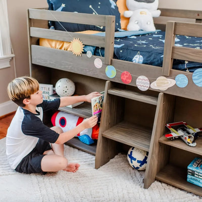 Modern Farmhouse Low Loft Bed, Twin Bed Frame for Kids with 2 Bookcases, Driftwood