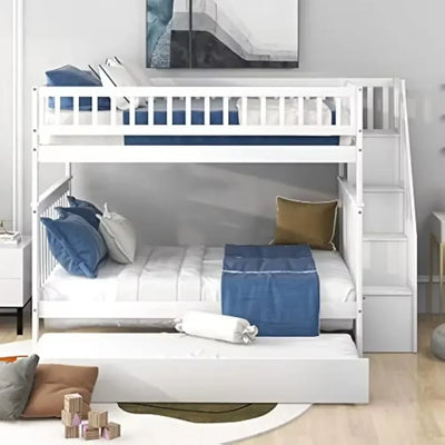 Bunk Beds, Full Over Full Bunk Bed with Trundle Bed, Wooden Bunk Bed with Staircase and Guardrail, Kids, Teens, Adults, Beds