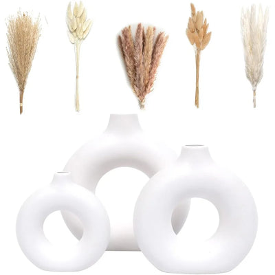 Set of 3 White Ceramic Vase with 65 PCS Dried Pampas Grass Flowers Aesthetic Boho Modern Small Round Cute Vases