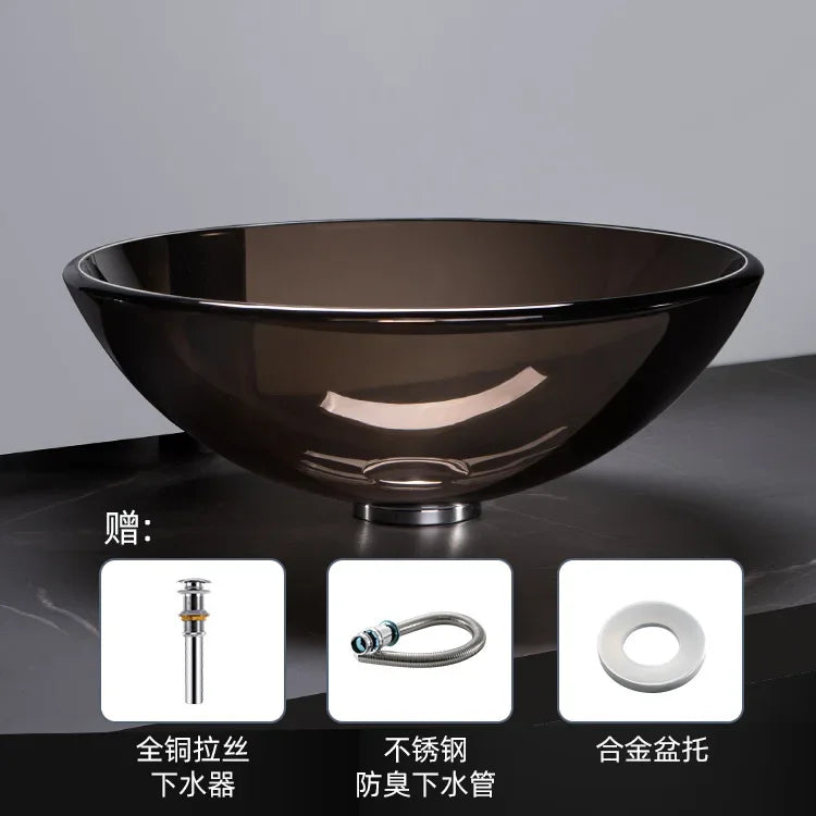 42cm Round Tempered Glass Sink Blue Bathroom Washbasin Hotel Balcony Countertop Art Basin Transparent Bowl Basin With Drain Sets