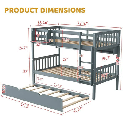 Twin Over Twin Bunk Bed with Trundle, Convertible to 2 Twin Size Platform Bed, Included Built-in Shelves, Size Bunk Bed