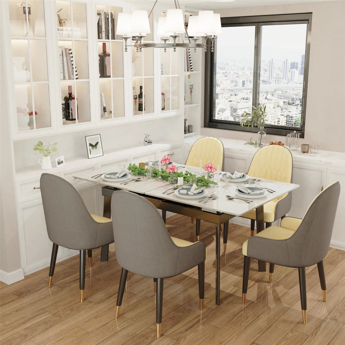 160cm 6-8 People Modern Dining Table Rectangular Kitchen Dining Table Space-Saving Expandable Dining Table Metal Frame