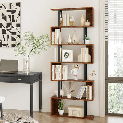 S Shaped Bookshelf, Modern Geometric Bookcase, 6-Tier White Display Case Book Shelf