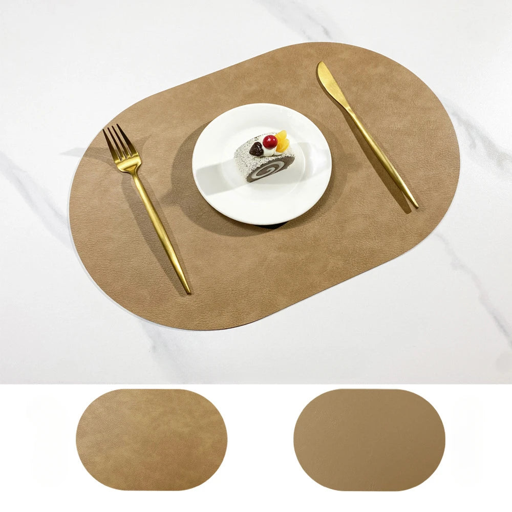 Double Sided Cowhide Pattern Leather Nordic Style Waterproof and Oil Proof Hotel Home Dining Table Mat Oval Insulation Mat