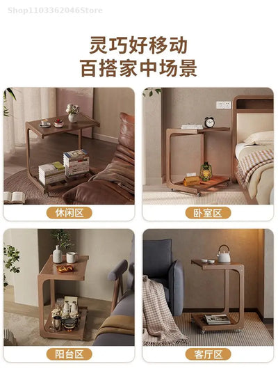 Solid Wood Sofa Side Table Cabinet Movable Table With Wheels Mini Coffee Table Living Room Small Apartment C- Shaped Small Tea