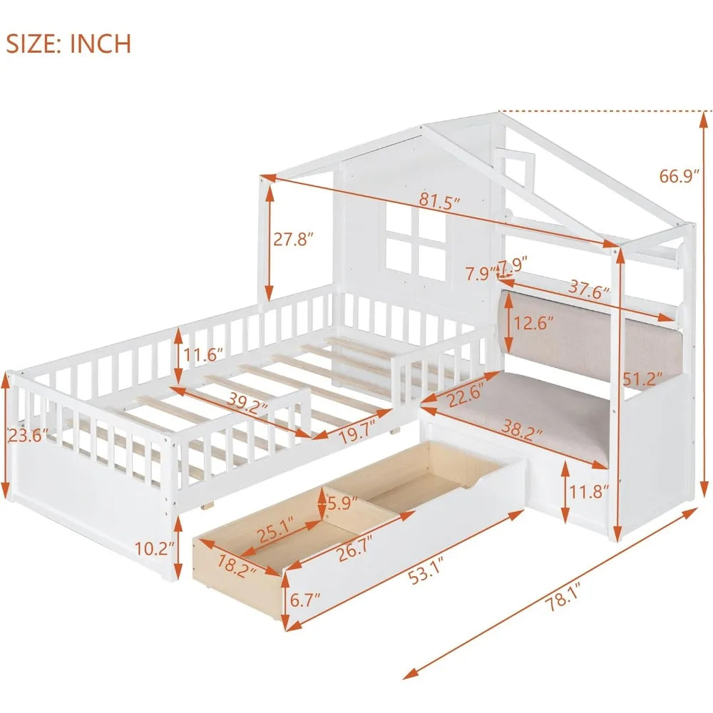 Kids Twin House Bed Frame with Upholstered Sofa and 2 Drawers, Wood Montessori Bed with Storage Shelves and Tall Rails