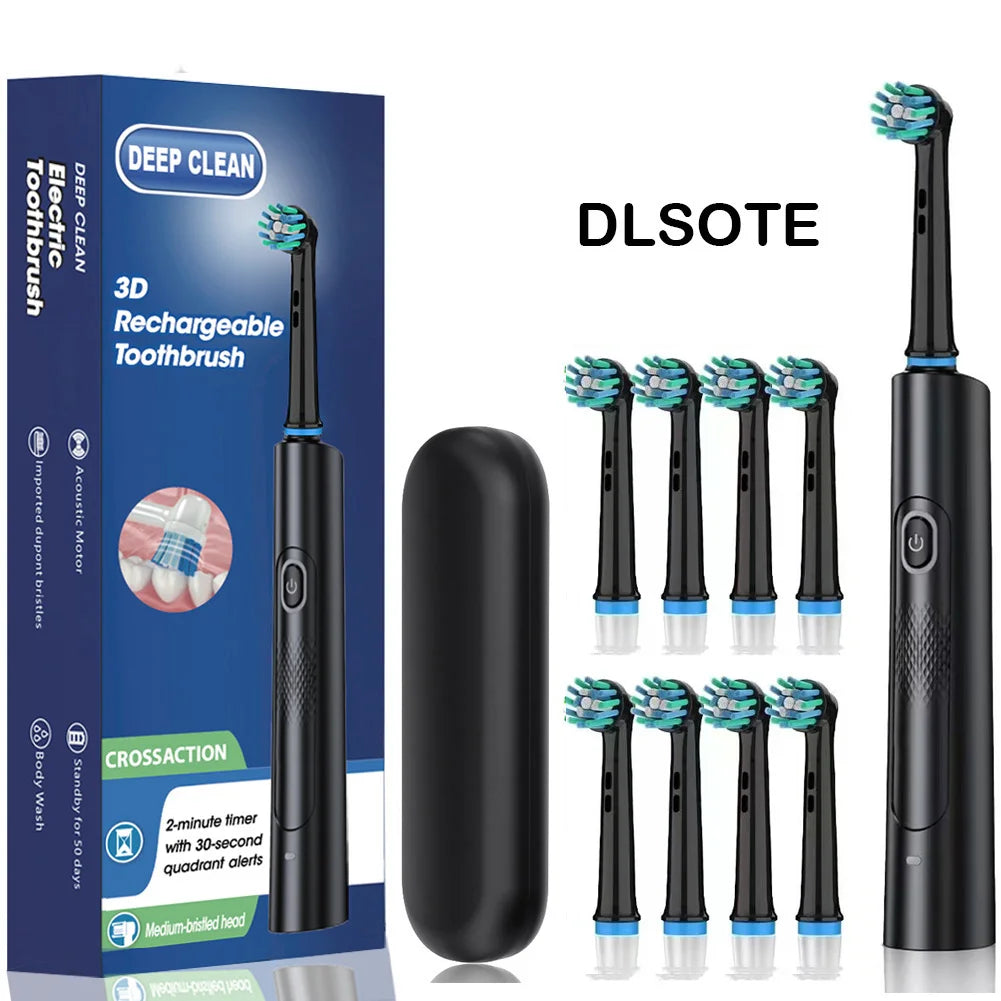 Rotating Electric Toothbrush Black White for Adults with 4 Brush Heads Deep Clean with Rechargeable Power and 2 Min Smart Timer