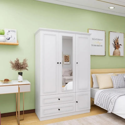 Wardrobe Closet Wooden with 3 Doors, Hanging Rods, 2 Drawers, Mirror Large Capacity Large Wardrobe Closet for Bedroom