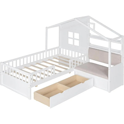 Kids Twin House Bed Frame with Upholstered Sofa and 2 Drawers, Wood Montessori Bed with Storage Shelves and Tall Rails