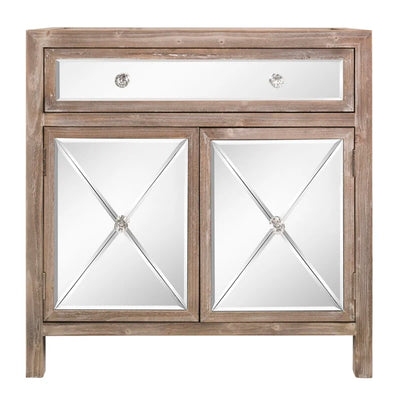 Rustic Drawer Cabinet with Mirror Surface, Half Glass, One Drawer, Two Doors, FCH Silver MDF Side Cabinet