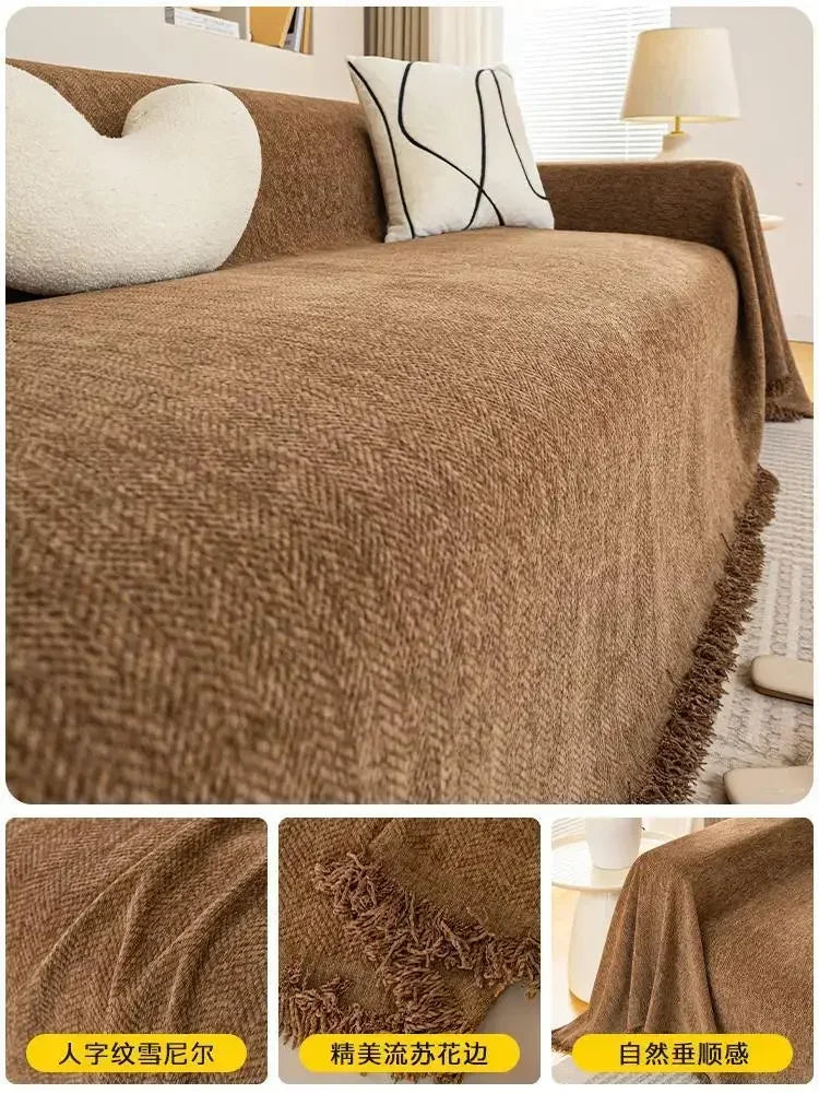 1PC Cream Wind Solid Color Sand Hair Towel Full Cover Cloth Sofa Cushion Cover Nordic Sofa Blanket Four Seasons Universal