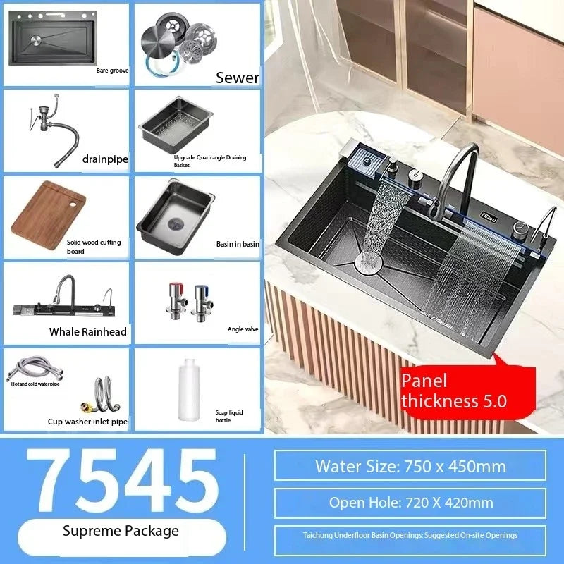 5.0MM Double Waterfall Sink Embossed Stainless Steel Kitchen Sink Large Single Slot Digital Display Wash Basin Dishwashing pond