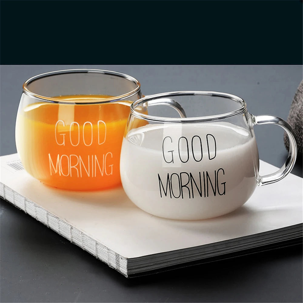 1 Pcs Letter Printed Transparent Creative Glass Coffee Tea Mug Drinks Dessert Breakfast Milk Cup Glass Mugs Handle Drinkware