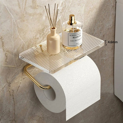 Toilet Paper Holder with Shelf - Wall Mount Bathroom Paper Roll Holder Rustproof Acrylic & Aluminum Toilet Tissue Holder Gold