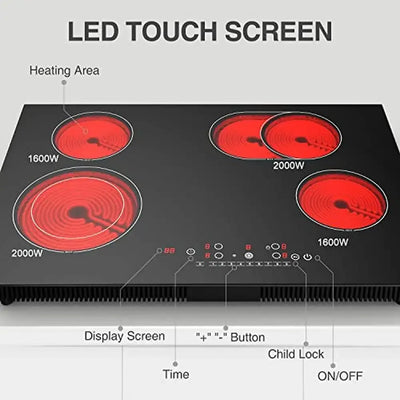 Electric Cooktop 30 Inch 7200W Stove Top 4 Burners Ceramic 9 Heating Levels Timer Kid Safe Touch Control Panel Office Party RV