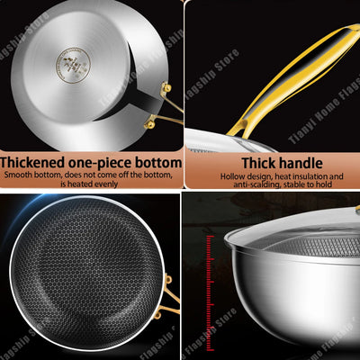 316 Stainless Steel Frying Pan Wok Non-stick Cooking Honeycomb Steak Gas Stove Pot Induction General Saucepan Kitchen Cookware