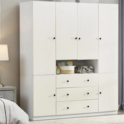 Wardrobe Closet, Bedroom Armoires Cabinet Wooden with Hanging Rod Inside Cabinet and Drawers