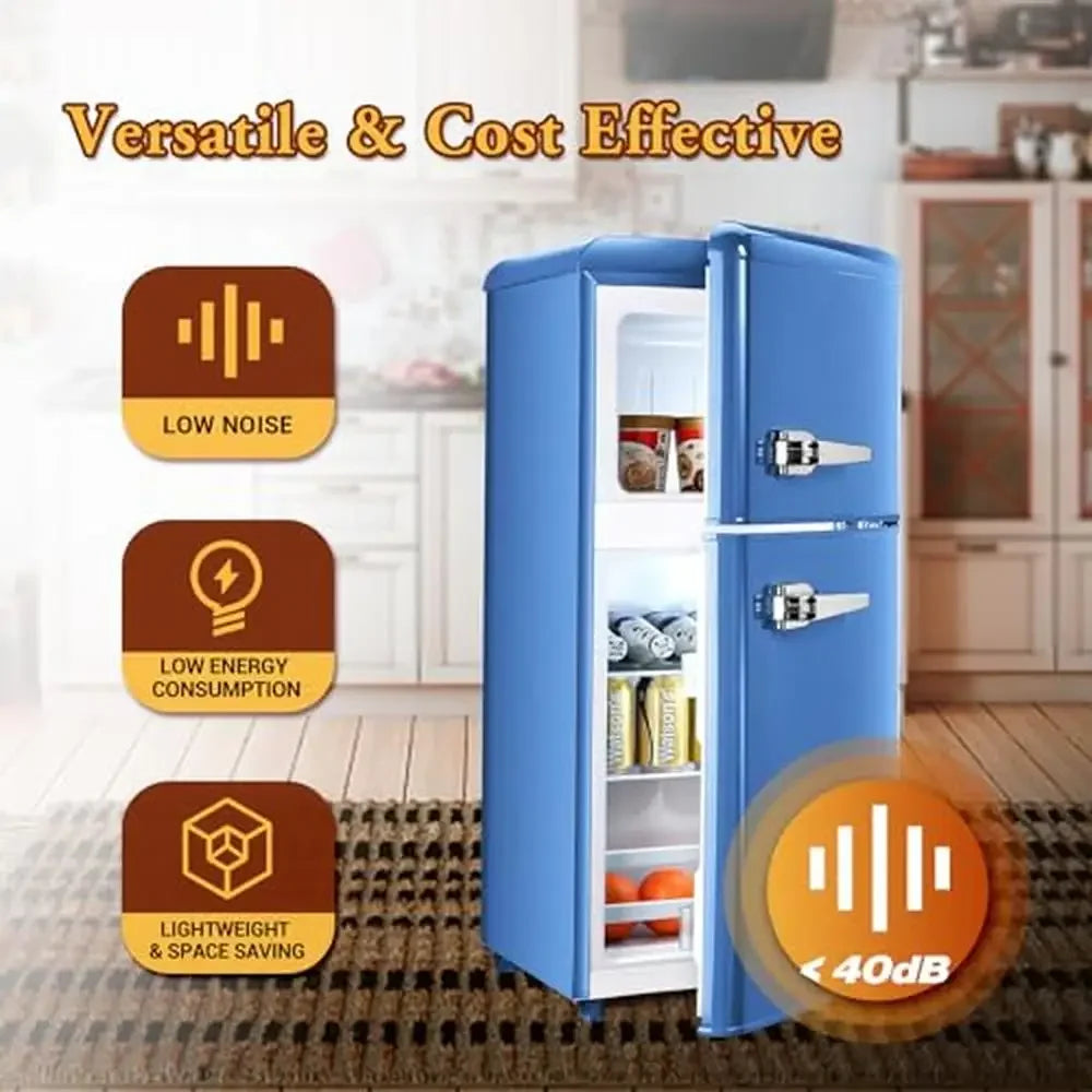 Compact Refrigerator Freezer Combo 3.2 cu. ft Blue Double Door Glass Shelf Ice Cube Trays 360° Cycle Refrigeration Cold Storage