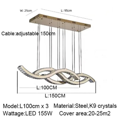2024 Dining Room Lustre Remote Control Dimmable Pendant Lights Luxury K9 Crystal Hang Chandelier Wave Steel Lamp Fixtures