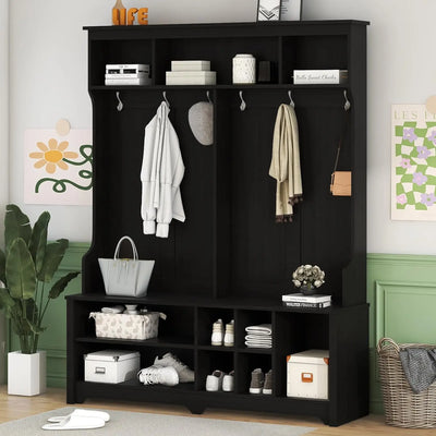 Coat Rack with Storage Bench, Shoe Cabinet with Cube Storage & Shelves, Hall Tree with 8 Hooks for Entryways, Clothes Racks