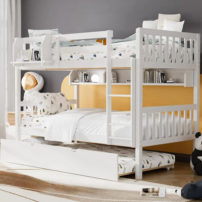 Twin Over Twin Bunk Bed with Trundle, Convertible to 2 Twin Size Platform Bed, Included Built-in Shelves, Size Bunk Bed