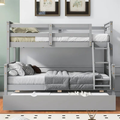 Bunk Bed, Twin Over Full Wood Bunk Bed with Twin Size Trundle, Solid Wood Bunk Bed Frame with Guardrail and Ladder, Grey